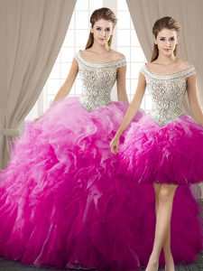 Three Piece Fuchsia Ball Gowns Organza Off The Shoulder Sleeveless Beading and Ruffles Floor Length Lace Up 15th Birthda