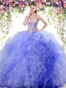 Floor Length Blue Ball Gown Prom Dress Tulle Sleeveless Beading and Ruffles