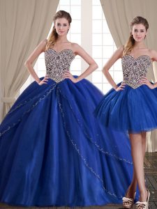 Fitting Three Piece Sweetheart Sleeveless Quinceanera Dresses Floor Length Beading Royal Blue Tulle