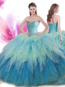 Beading and Ruffles 15 Quinceanera Dress Multi-color Lace Up Sleeveless Floor Length