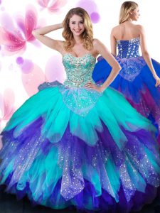 Decent Tulle Sweetheart Sleeveless Lace Up Beading and Ruffles Vestidos de Quinceanera in Multi-color