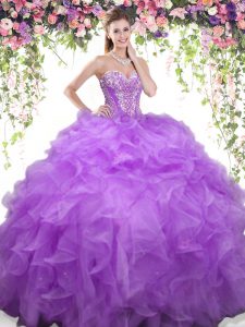 Custom Made Sleeveless Floor Length Beading and Ruffles Lace Up Quince Ball Gowns with Lavender