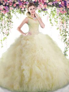 Luxury Light Yellow Tulle Backless High-neck Sleeveless Floor Length Quinceanera Dresses Beading and Ruffles