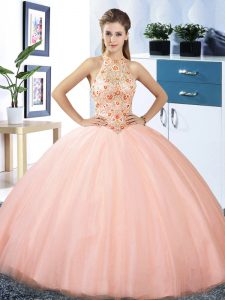 Halter Top Peach Lace Up Sweet 16 Dress Embroidery Sleeveless Floor Length