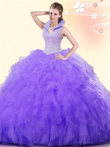 Tulle High-neck Sleeveless Backless Beading and Ruffles Sweet 16 Dress in Lavender