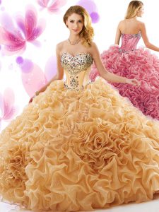On Sale Champagne Lace Up Quinceanera Gown Beading and Ruffles Sleeveless Court Train