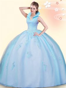 Unique Backless Floor Length Baby Blue Sweet 16 Quinceanera Dress Tulle Sleeveless Beading and Appliques