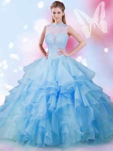Baby Blue Lace Up High-neck Beading and Ruffles Quinceanera Dress Tulle Sleeveless