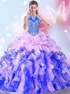 Stunning Multi-color Ball Gowns Halter Top Sleeveless Organza Floor Length Lace Up Beading and Ruffles and Pick Ups 15 Q
