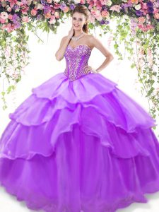 Lavender Quinceanera Gown Military Ball and Sweet 16 and Quinceanera and For with Beading and Ruffled Layers Sweetheart 