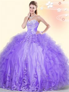 Custom Design Sweetheart Sleeveless Ball Gown Prom Dress Floor Length Beading and Appliques and Ruffles Lavender Tulle