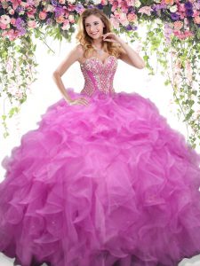 Artistic Lilac Organza Lace Up Sweet 16 Dress Sleeveless Floor Length Beading and Ruffles