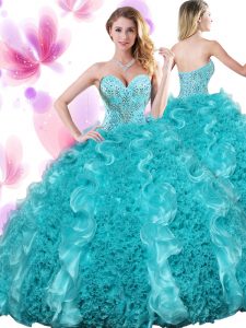 Teal Ball Gowns Beading and Ruffles Quinceanera Dresses Lace Up Organza Sleeveless Floor Length