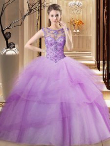 Modern Ruffled Brush Train Ball Gowns Quince Ball Gowns Lilac Scoop Tulle Sleeveless Lace Up