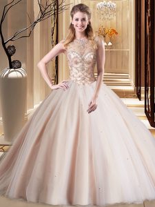 Dynamic Peach Scoop Lace Up Beading Quinceanera Gown Brush Train Sleeveless