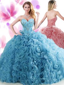 Discount Blue Lace Up Quinceanera Dress Beading and Ruffles Sleeveless Brush Train