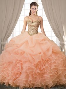 Pick Ups Spaghetti Straps Sleeveless Lace Up Quinceanera Gown Peach Organza