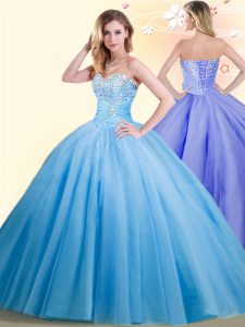 Baby Blue Lace Up 15th Birthday Dress Beading Sleeveless Floor Length