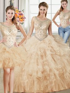 Three Piece Scoop Floor Length Ball Gowns Sleeveless Champagne Ball Gown Prom Dress Lace Up