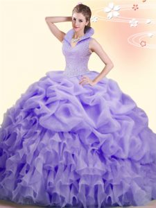 Stylish Lavender Organza Backless High-neck Sleeveless Sweet 16 Dress Brush Train Beading and Ruffles and Pick Ups