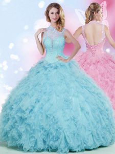 Baby Blue High-neck Neckline Beading and Ruffles Quinceanera Dresses Sleeveless Lace Up