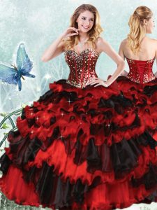 Floor Length Red And Black Quinceanera Gown Organza Sleeveless Beading and Ruffled Layers and Sequins