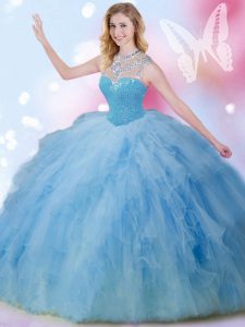 Ideal Sleeveless Floor Length Beading and Ruffles and Sequins Zipper Quince Ball Gowns with Blue