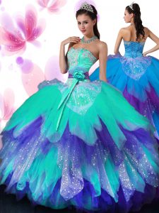 High Class Multi-color Sweetheart Neckline Appliques and Ruffled Layers and Hand Made Flower Quinceanera Dress Sleeveles