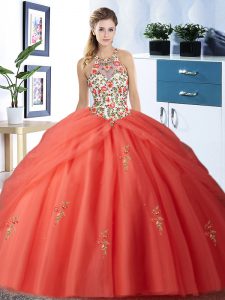 Halter Top Sleeveless Quinceanera Gown Floor Length Embroidery and Pick Ups Orange Red Tulle