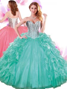 Decent Turquoise Sleeveless Beading and Ruffles Floor Length Quinceanera Gowns