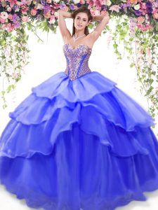 Eye-catching Ruffled Blue Sleeveless Organza Lace Up Quinceanera Gown for Military Ball and Sweet 16 and Quinceanera