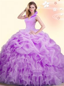 Backless Floor Length Lilac Quinceanera Gown Organza Sleeveless Beading and Appliques and Pick Ups