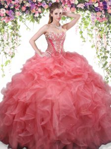 Trendy Sleeveless Organza Floor Length Lace Up Quinceanera Gowns in Coral Red with Beading and Ruffles