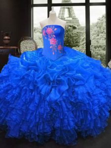 Floor Length Lace Up Vestidos de Quinceanera Royal Blue for Military Ball and Sweet 16 and Quinceanera with Embroidery a