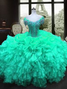 Turquoise Lace Up 15 Quinceanera Dress Beading and Ruffles Cap Sleeves Floor Length