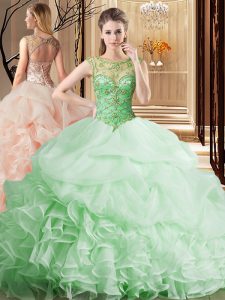 Scoop Apple Green Sleeveless Beading and Ruffles and Pick Ups Lace Up Quinceanera Gowns