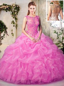 Perfect Organza Scoop Sleeveless Lace Up Beading and Ruffles and Pick Ups Quinceanera Dresses in Rose Pink