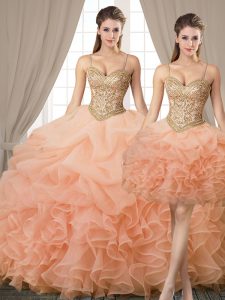 Custom Designed Three Piece Pick Ups Floor Length Ball Gowns Sleeveless Peach Quince Ball Gowns Lace Up