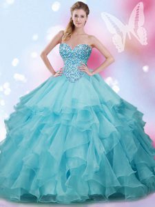 Hot Sale Sweetheart Sleeveless Ball Gown Prom Dress Floor Length Beading and Ruffles Aqua Blue Organza