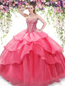 Custom Made Beading and Ruffled Layers Quinceanera Gowns Coral Red Lace Up Sleeveless Floor Length