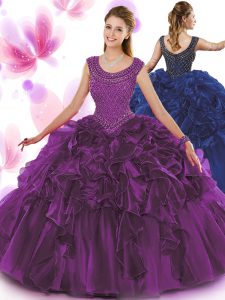 Dark Purple Vestidos de Quinceanera Military Ball and Sweet 16 and Quinceanera and For with Beading and Ruffles Scoop Sl