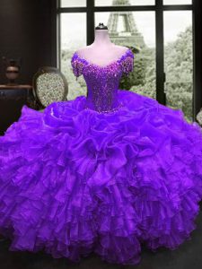 Sweetheart Cap Sleeves Quinceanera Dress Floor Length Beading and Ruffles Purple Organza