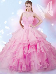 Gorgeous Sleeveless Tulle Floor Length Lace Up 15th Birthday Dress in Rose Pink with Beading and Ruffles