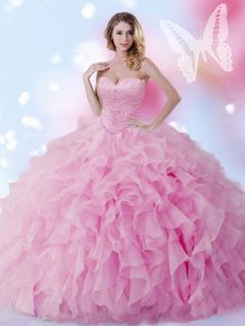Perfect Rose Pink Ball Gowns Organza Sweetheart Sleeveless Beading and Ruffles Floor Length Lace Up Quinceanera Dress
