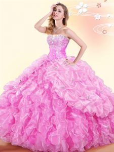 Wonderful Sweetheart Sleeveless Quinceanera Gown Floor Length Beading and Ruffles and Pick Ups Rose Pink Organza