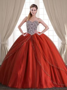 Customized Beading Quinceanera Dress Rust Red Lace Up Sleeveless With Brush Train
