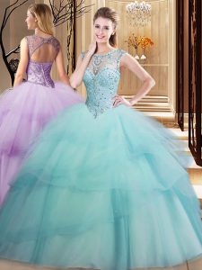 Scoop Light Blue Quinceanera Gowns Tulle Brush Train Sleeveless Beading and Ruffled Layers