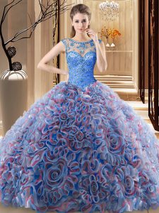 Scoop Sleeveless Beading Lace Up Sweet 16 Quinceanera Dress with Multi-color Brush Train