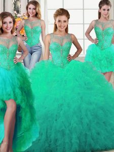 Custom Designed Four Piece Turquoise Ball Gowns Tulle Scoop Sleeveless Beading and Ruffles Floor Length Lace Up Sweet 16