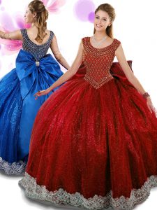 Amazing Scoop Sleeveless Floor Length Beading and Appliques and Bowknot Zipper Quince Ball Gowns with Wine Red